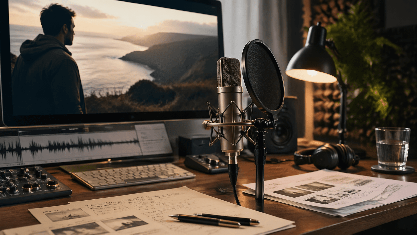 Sampul voice-over video Rivya dengan storyboard klip, skrip suara, catatan waktu, dan tinjauan audio-video.