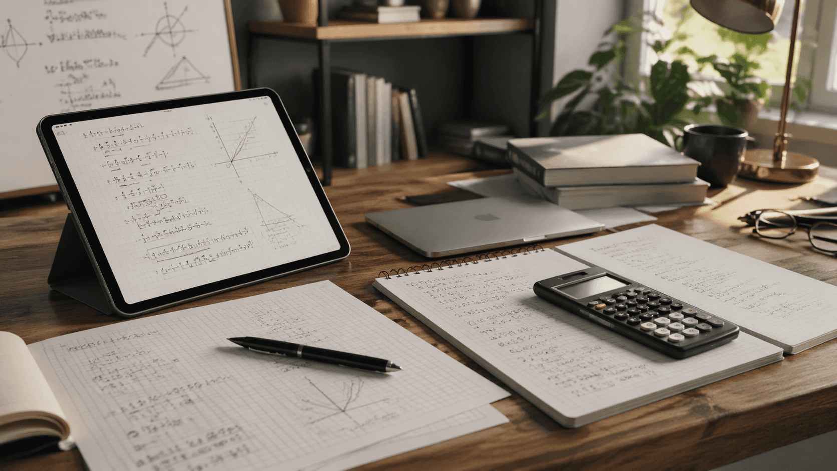 Sampul perbandingan alat matematika Rivya dengan langkah AI Solver, setup AI Calculator, persamaan, unit, dan pemeriksaan jawaban.