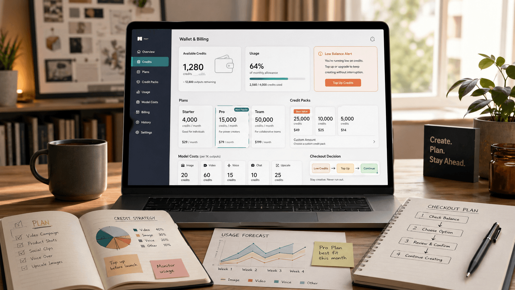 Обложка планирования кошелька Rivya с credits, packs, plans, low-balance alerts, costs моделей и decisions checkout.