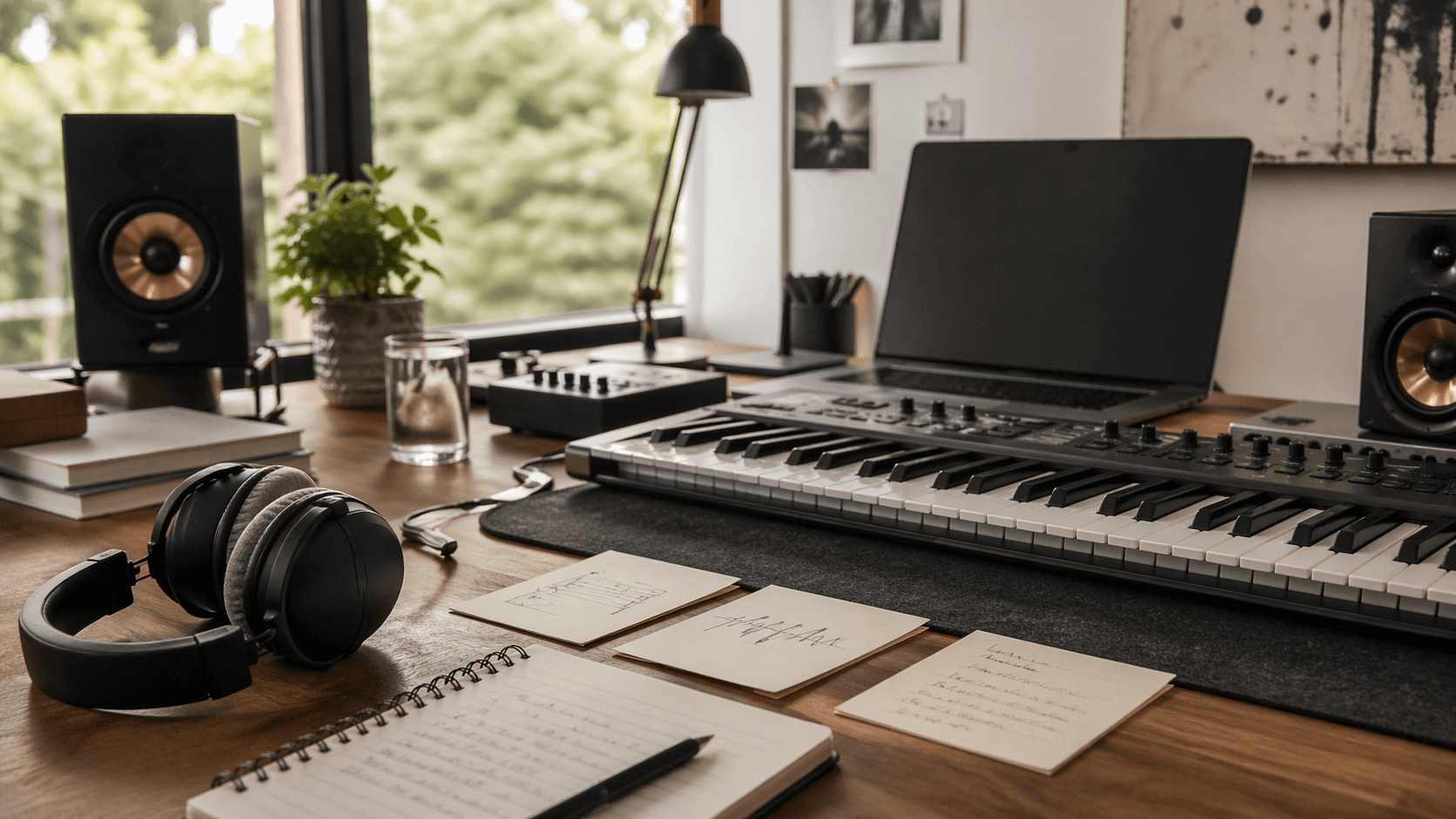 Okładka workflow AI music Rivya z song draft options, lyric cards, sound sketches i follow-up actions.
