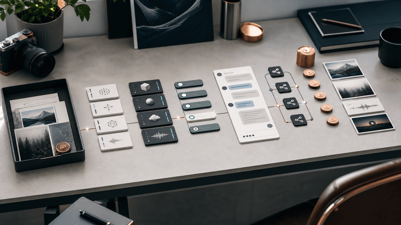 Obálka workflow Rivya API s výběrem modelu, nahráním souboru, generačními úlohami, chatovými tahy, webhooky a kredity účtu uspořádanými jako jeden produktový pipeline.